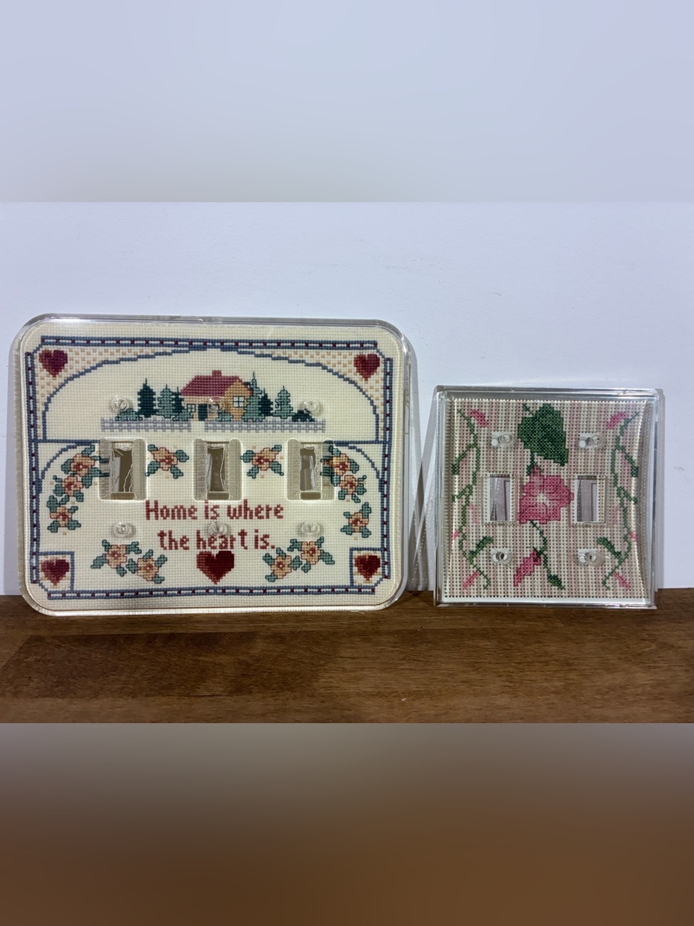 Vintage Needlepoint Cross Stitch Switch Plate Covers Set of 2 Floral Cottagecore